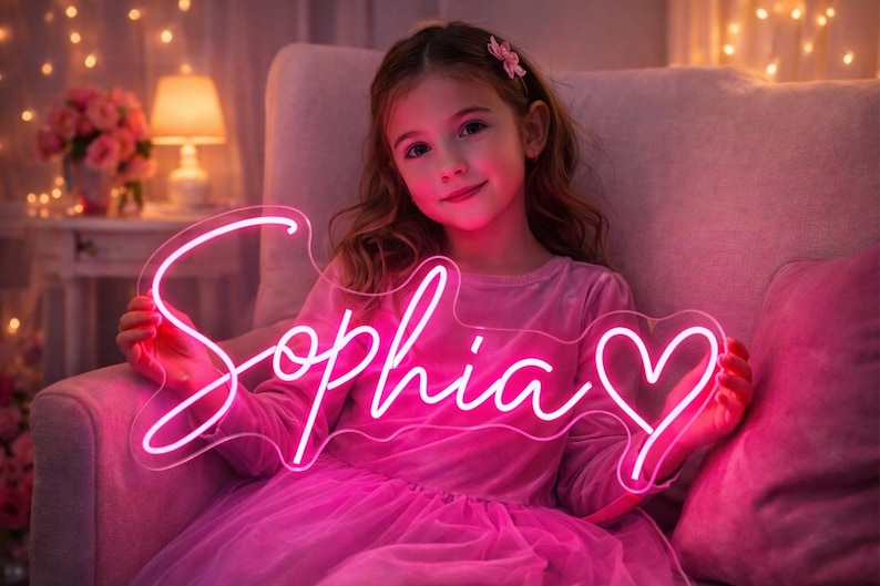 May include: A neon sign spelling "Sophia" in pink, with a heart design. The sign is held up. The background features soft lighting and a person wearing a pink dress. The sign is a decorative item.