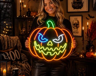 Könnte beinhalten: Ein Neonschild in Form eines Halloween-Kürbisses mit leuchtend orangefarbenem Umriss, grünem Stiel sowie gelb leuchtendem Mund und Augen. Die Augen sind blau umrandet und das gesamte Design zeigt einen gezackten, gruseligen Ausdruck.