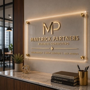 以下が含まれることがあります： 透明なアクリル製の長方形の壁掛け看板。金色の文字で「MP MAVERICK PARTNERS BUSINESS CONSULTING, CLEAR STRATEGY | SMART SOLUTIONS | REAL RESULTS」と記されています。4つの金色のスタンドオフで固定され、エッジライトが組み込まれています。