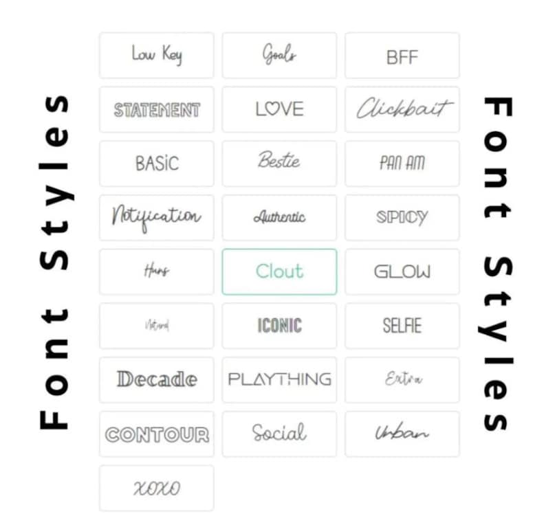 May include: An image displaying a range of font styles, each within a rectangular frame. The words include "Low Key," "Goals," "BFF," "Statement," "Love," and "Clickbait." The text "Font Styles" is written vertically on both sides.
