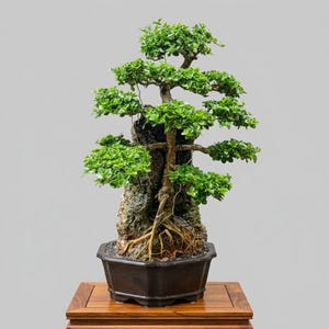 Puede incluir: Un bonsái con hojas de color verde vibrante y un tronco marrón texturizado, enraizado sobre una formación rocosa oscura y escarpada. El árbol está plantado en una maceta de cerámica hexagonal de color marrón oscuro con raíces visibles.