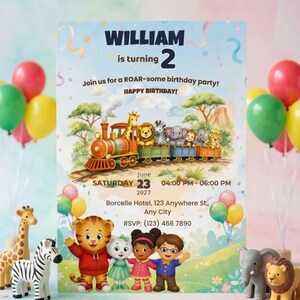 Daniel Tiger Birthday Invitation Editable Canva Template, Jungle Safari Train Birthday Invite, Kids Animal Birthday Party Invitation, Digital Download