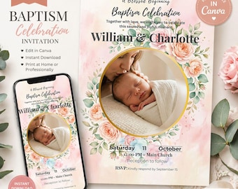 Floral Baptism Invitation Template, Watercolor Christening Invite, Baby Girl Boy (Digital Download)
