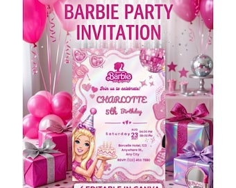 Barbie Birthday Invitation Canva Template, Hot Pink Fashion Doll Party Invite (Digital Download)