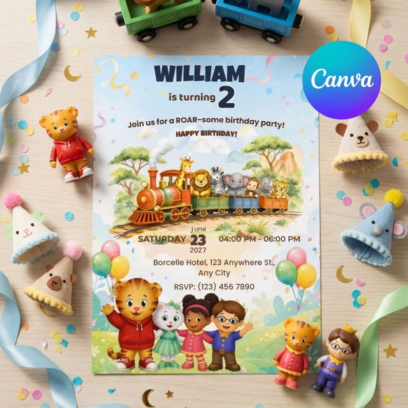 Daniel Tiger Birthday Invitation Editable Canva Template, Jungle Safari Train Birthday Invite, Kids Animal Birthday Party Invitation, Digital Download
