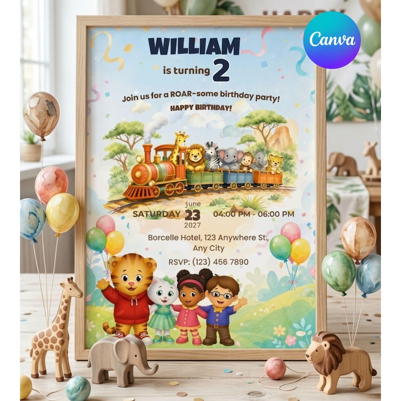 Daniel Tiger Birthday Invitation Editable Canva Template, Jungle Safari Train Birthday Invite, Kids Animal Birthday Party Invitation, Digital Download