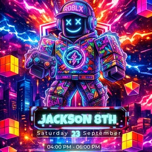Roblox Neon Gaming Birthday Invitation (Digital Download) – Editable Canva Party Invite