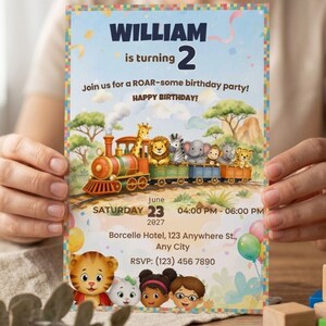 Daniel Tiger Birthday Invitation Editable Canva Template, Jungle Safari Train Birthday Invite, Kids Animal Birthday Party Invitation, Digital Download