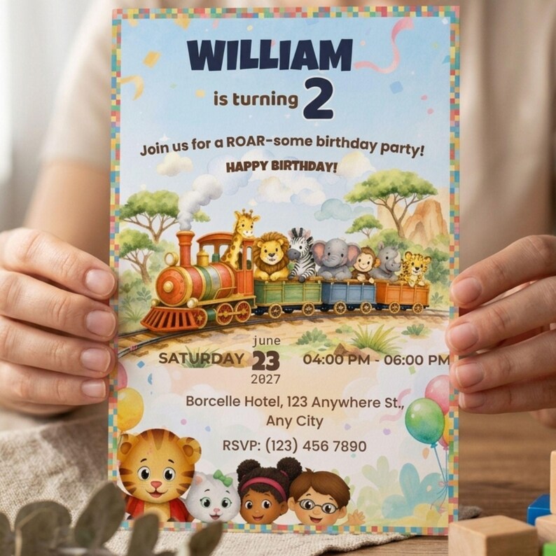 Daniel Tiger Birthday Invitation Editable Canva Template, Jungle Safari Train Birthday Invite, Kids Animal Birthday Party Invitation, Digital Download