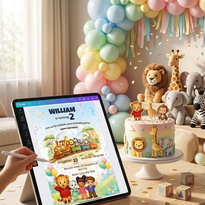 Daniel Tiger Birthday Invitation Editable Canva Template, Jungle Safari Train Birthday Invite, Kids Animal Birthday Party Invitation, Digital Download