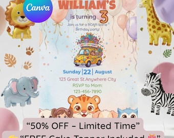 Cartoon Tiger 3rd Birthday Invitation, Safari Animal Party, Editable Canva Template (Digital Invite)
