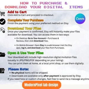 May include: A digital guide titled "HOW TO PURCHASE & DOWNLOAD YOUR DIGITAL ITEMS" with instructions on how to buy and download files from Etsy. The guide includes steps for adding to cart, completing purchase, and downloading files. The guide is designed by ModernPixel lab design.