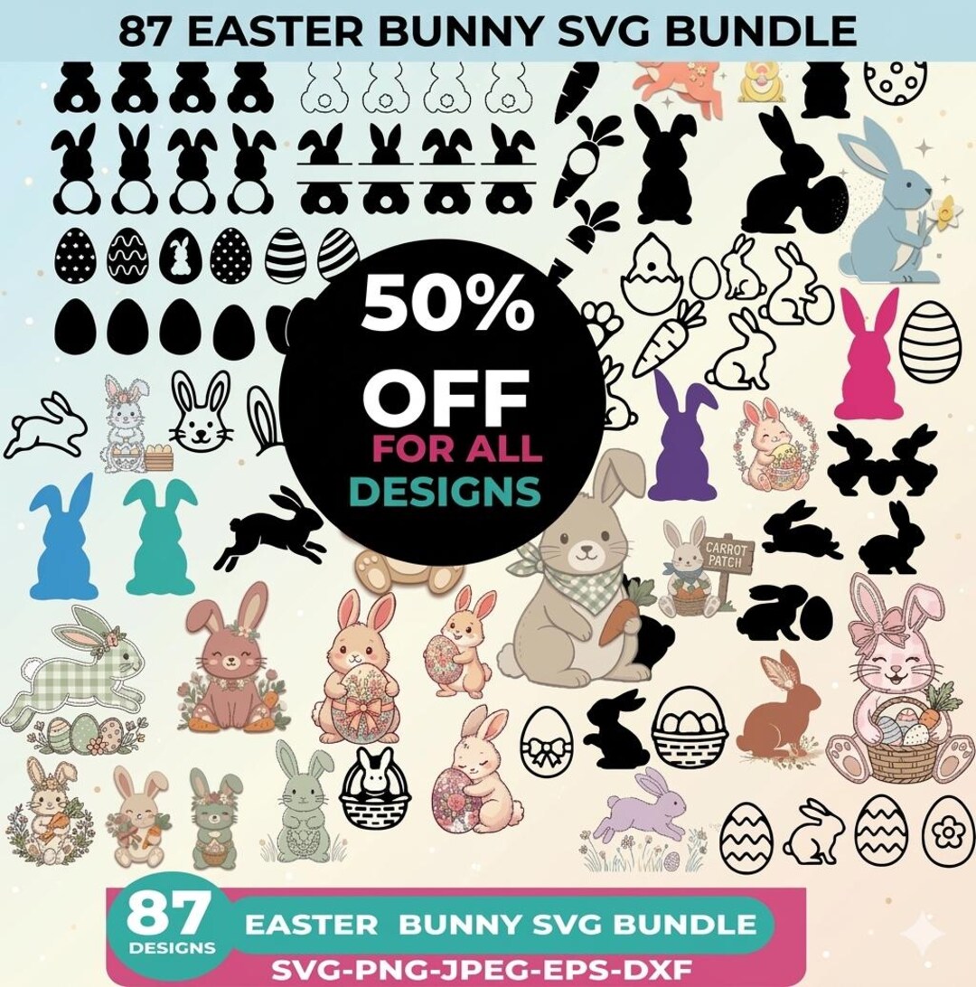 Easter Bunny SVG Bundle, 87 Rabbit Silhouette Clipart Designs (svg, Png ...