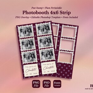 4x6 Photobooth Template, 4x6 Wedding Photobooth Strip Overlay, Editable PSD PNG Transparent, Post Stamp Plum Periwinkle Edition