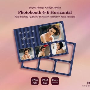 Op de afbeelding: Een marineblauwe en wit gestreepte fotohokjestemplate met de tekst "Photobooth 4x6 Horizontal". De sjabloon bevat ruimtes voor foto's en de tekst "THE PARTY OF Brigitte 06.09.26". De sjabloon bevat ook de tekst "PNG File", "PSD File" en "Fonts Included".