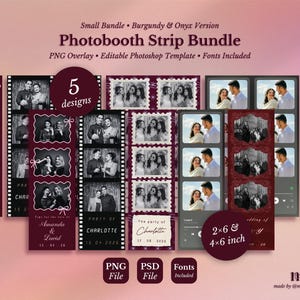 Op de afbeelding: Een Photobooth Strip Bundle in bordeauxrode en onyx versies. De bundel bevat 5 ontwerpen met bewerkbare sjablonen. De ontwerpen bevatten fotostrips met verschillende lay-outs, waaronder formaten van 2x6 en 4x6 inch, en bevatten PNG- en PSD-bestanden.