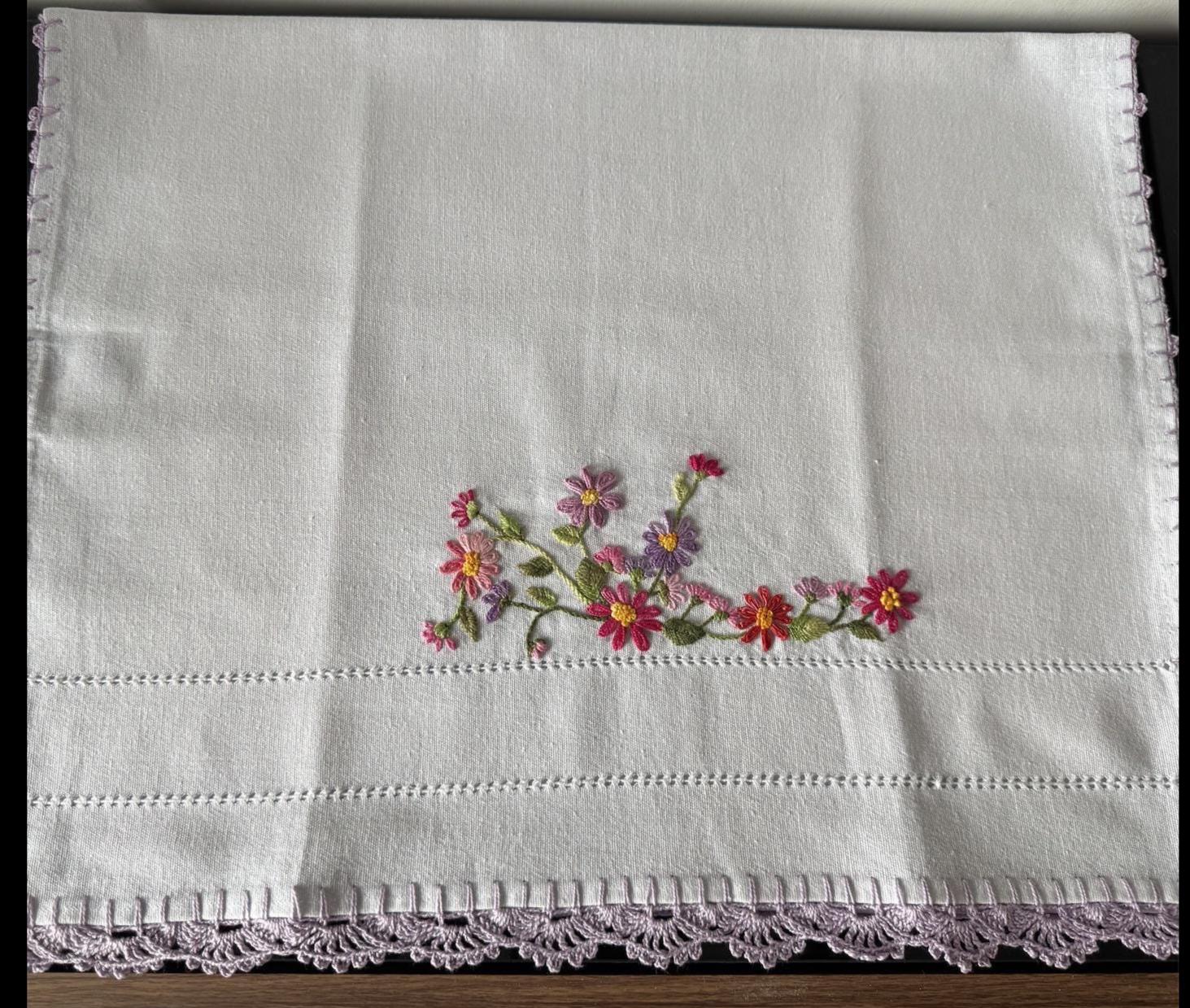 Vintage Brazilian Crochet-Edged Kitchen Towel - Handcrafted Cotton