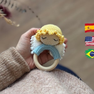 Guardian Angel Boy Rattle Amigurumi Pattern - Baby Gift - Crochet Pattern PDF in English, Spanish, Portuguese - Wooden Ring Rattle Pattern