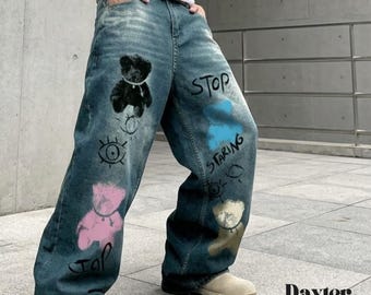 Jean baggy graffiti | Pantalon à jambes larges | Coupe droite | Streetwear Y2K