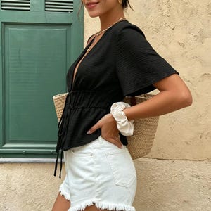 Tie Front Crop Top | Casual Deep V Shirt | Daily Wear | Summer Chic Style

Tie front crop top with deep V neckline summer chic style