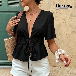 Tie Front Crop Top | Casual Deep V Shirt | Daily Wear | Summer Chic Style

Tie front crop top with deep V neckline summer chic style