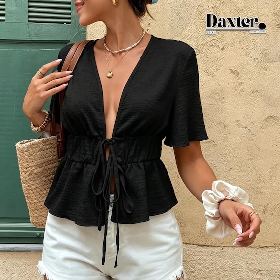 Tie Front Crop Top | Casual Deep V Shirt | Minimalist Wear | Summer Chic Style