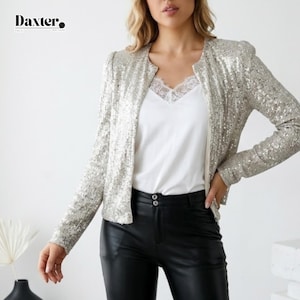 Chaqueta holgada de lentejuelas / Abrigo informal de manga larga / Moda urbana con brillo