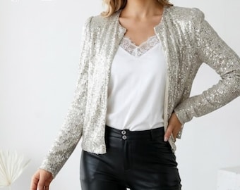 Veste à sequins ample | Manteau décontracté à manches longues | Mode streetwear pailletée