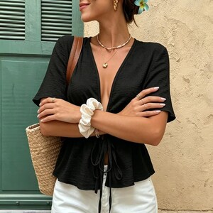 Tie Front Crop Top | Casual Deep V Shirt | Daily Wear | Summer Chic Style

Tie front crop top with deep V neckline summer chic style