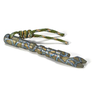 May include: A bronze and blue patterned multi-tool with a green and orange cord attached. The tool has a looped end and a forked design at the other end. The tool is approximately 10 cm long.