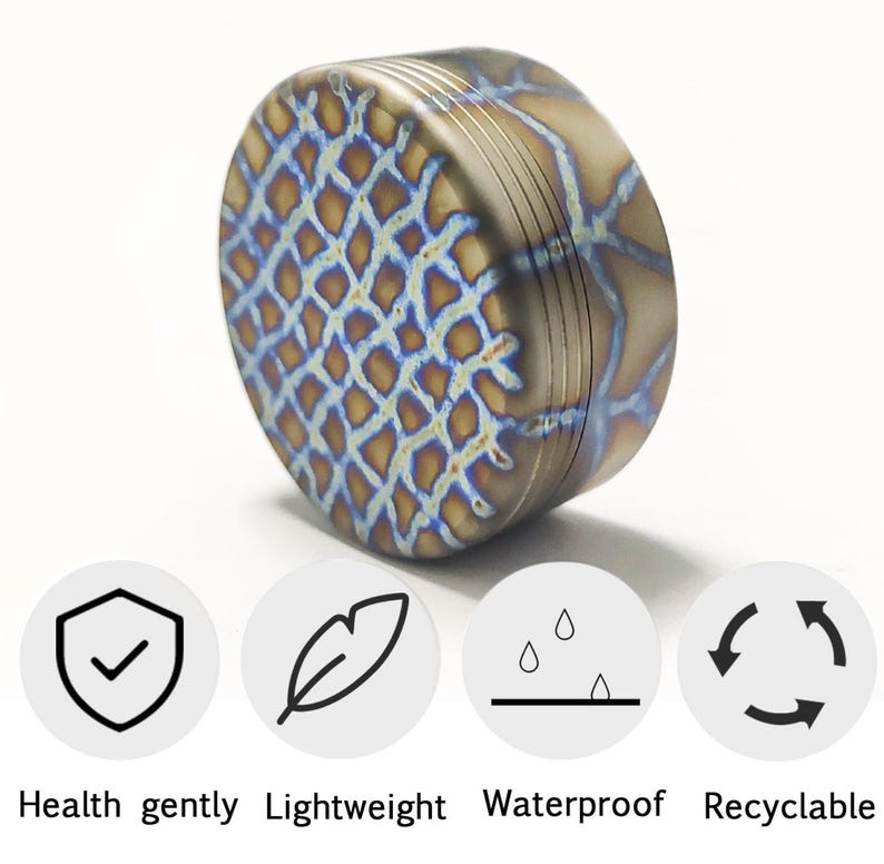 May include: A cylindrical object with a textured surface featuring a blue and gold pattern. The object has a series of parallel lines around its side. The image also includes icons with the words: Health gently, Lightweight, Waterproof, and Recyclable.