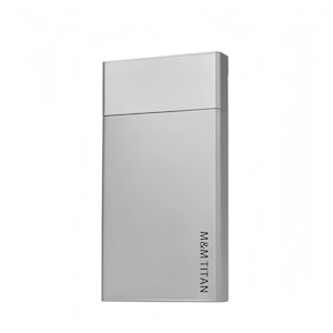 May include: A silver rectangular case with a hinged lid. The text "M&M TITAN" is printed vertically on the right side. The case has a smooth, metallic finish and a minimalist design, suitable for various items.