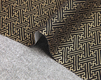 Japanese fabric golden Sayagata black background, Geometric pattern, Japan textile gold, traditional geometric print