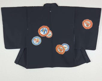 Black Japanese Haori with Yuzen porcelain motifs, vintage Kimono jacket, japan jacket, 羽織, hand painted