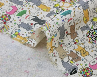 Japanese canvas fabric with colorful disco cats - cat pattern, linen, funny kitty fabric, Neko, 猫,ねこ