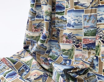 Japanese Fabric with colorful prints of Ukiyo-e art, Japan landscape painting pattern, 浮世絵, Estampe