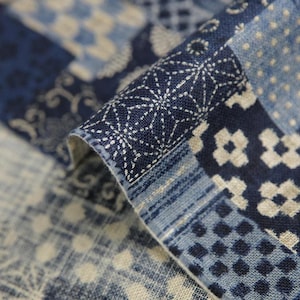 May include: Close-up of a folded fabric with a patchwork design in shades of blue and white. The fabric features various patterns, including floral, geometric, and dotted motifs. The texture appears soft and slightly textured.