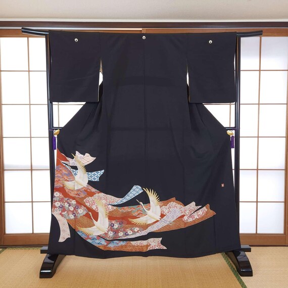 Kuro Tomesode with cranes and Tabane Noshi, Japan vintage Kimono, Tsuru, Japanese motif, 着物