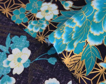 Golden Striped Blue Floral Japanese Fabric, gold turquoise peonies on navy blue, traditional motif