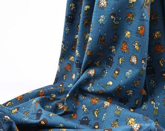 Japanese Yokai cotton dobby fabric blue background - ghost pattern, spirit motif, folklore, monster fabric