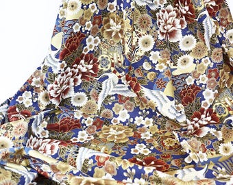 Japanese fabric Crane Hana Gosho Guruma blue background, flower and birds pattern, birds fabrics