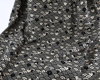 Maneki Neko seigaiha black beige fabric - cat with geometric pattern, kitty motif, 招き猫, lucky cats