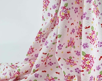 Japanese seersucker goldfish fabric white background -  crinkled fabric, Yukata fabrics, hydrangeas flower, summer cloth