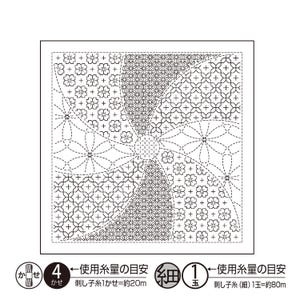 May include: A square fabric panel featuring a black and white geometric pattern with repeating floral and star-like motifs divided into curved sections. Below the panel, text indicates thread requirements: 4 skeins at 20m each or 1 ball at 80m.