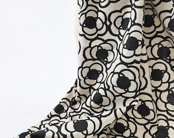 Japanese canvas fabric black camellias on ecru, retro flower style fabric, linen cotton, abstrait