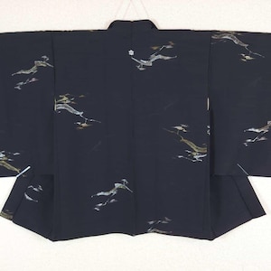 Haori de jacquard negro con ramas doradas, chaqueta kimono vintage, chaqueta tradicional japonesa, decoración plateada, 羽織