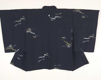 Black jacquard Haori with golden branches, vintage Kimono jacket, Traditional japan jacket, silver decoration, 羽織