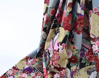 Colorful Japanese Geisha fabric, colorful Japan flower and birds, woman in kimono, golden traditional