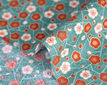 Japanese fabric Ume on turquoise background - plum flower blossom, Japan fabrics, coral red flower