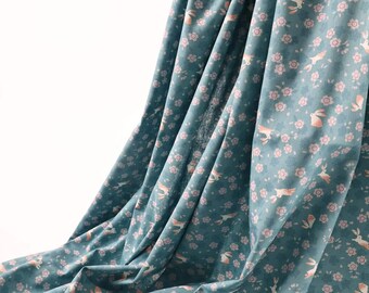 Japanese Rabbit and Sakura fabric light blue - small bunny, Usagi, Kawaii motif, Japan textile